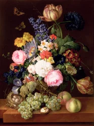 Flores y frutas con un nido de pájaros en un borde, 1821